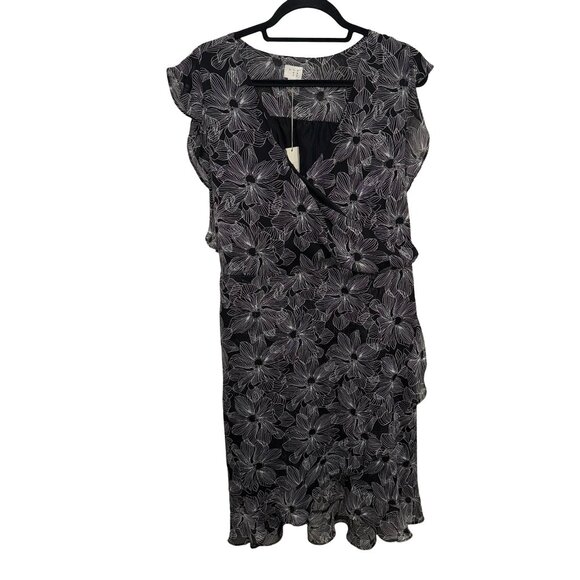 A New Day Black Riffled Faux Wrap Chiffon Floral Dress Sz  XXL NWT - Picture 3 of 12